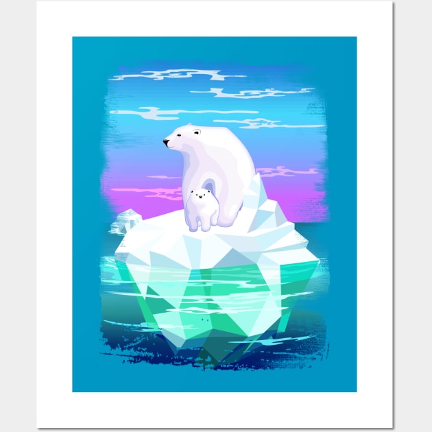 Polar Bear Mom and Baby on Iceberg Wall Art by BluedarkArt